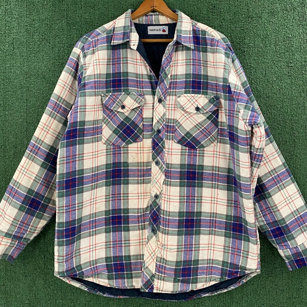 Vintage 80’s Outreach Plaid Quilted Lined Flannel Distressed Shirt Men’s Large